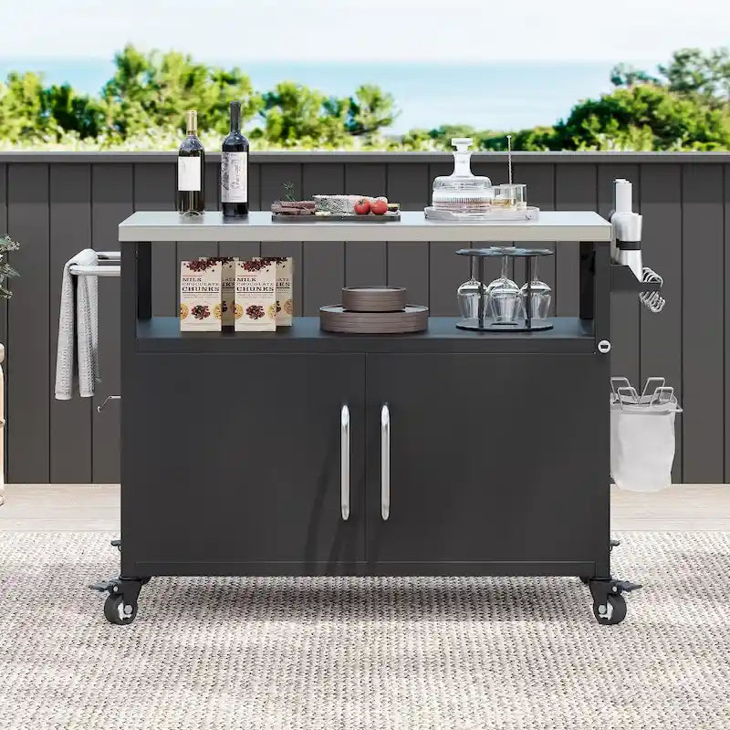 Outdoor-Kücheninsel mit Edelstahl-Tischplatte, Grillwagen aus Metall mit Stauraumschrank - N/A