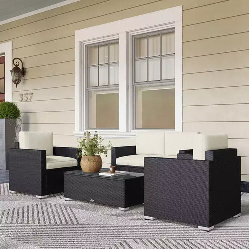4-teiliges Rattan-Sofaset, Patio-Sofaset aus Korbgeflecht mit Zweisitzersofa, Sesseln und Couchtisch mit Glasplatte für den Garten und Außenbereich