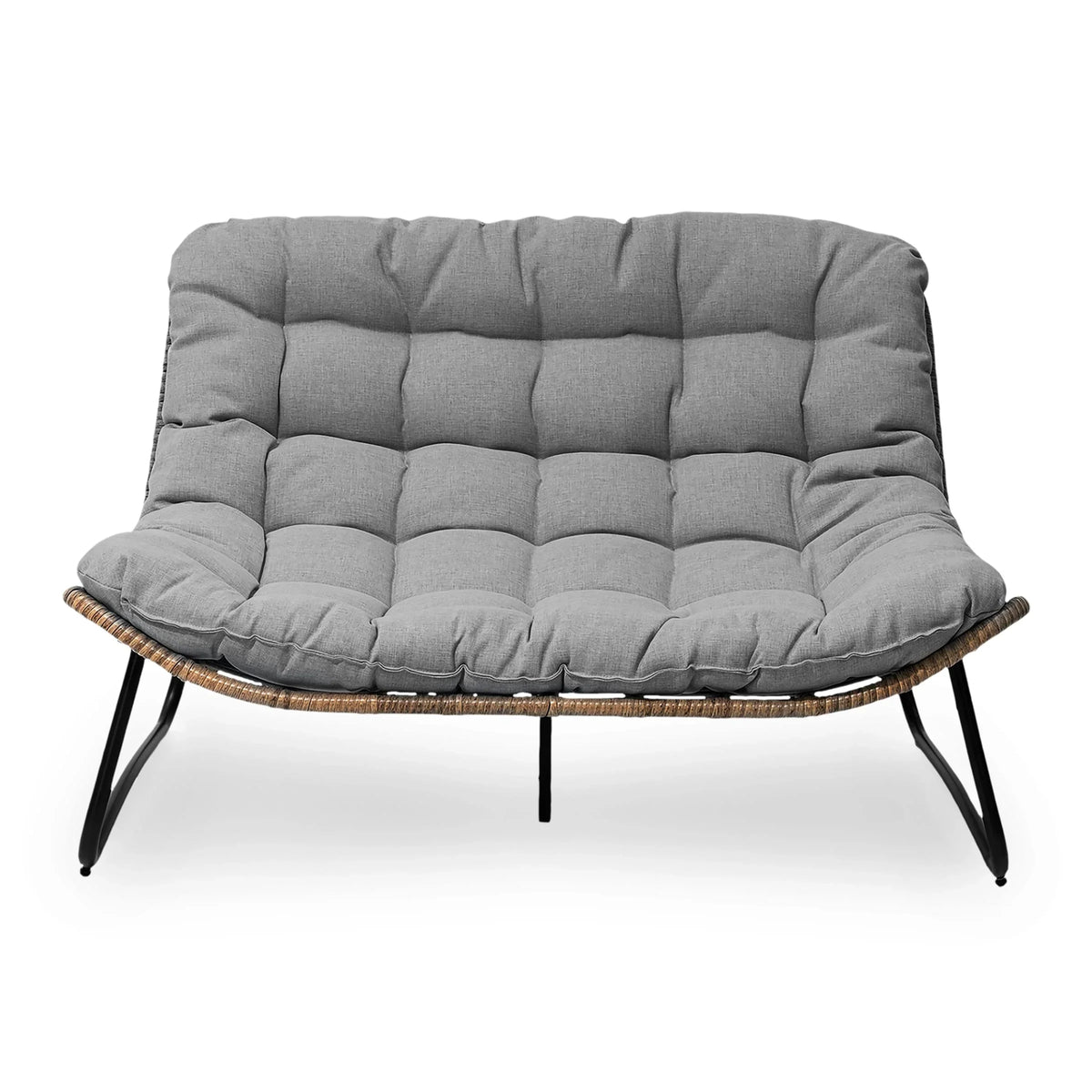 Doppel-Papasan-Sofa mit Sitzkissen, wetterfestes PE-Rattan und Metallgestell für Innen- und Außenbereich