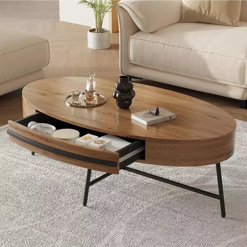 Acekool ovaler Couchtisch mit Schublade, 47.2, Holztisch mit Stauraum und gekreuzten Metallbeinen, moderner Mid-Century-Couchtisch in Naturfarben und goldenem Weidenholz