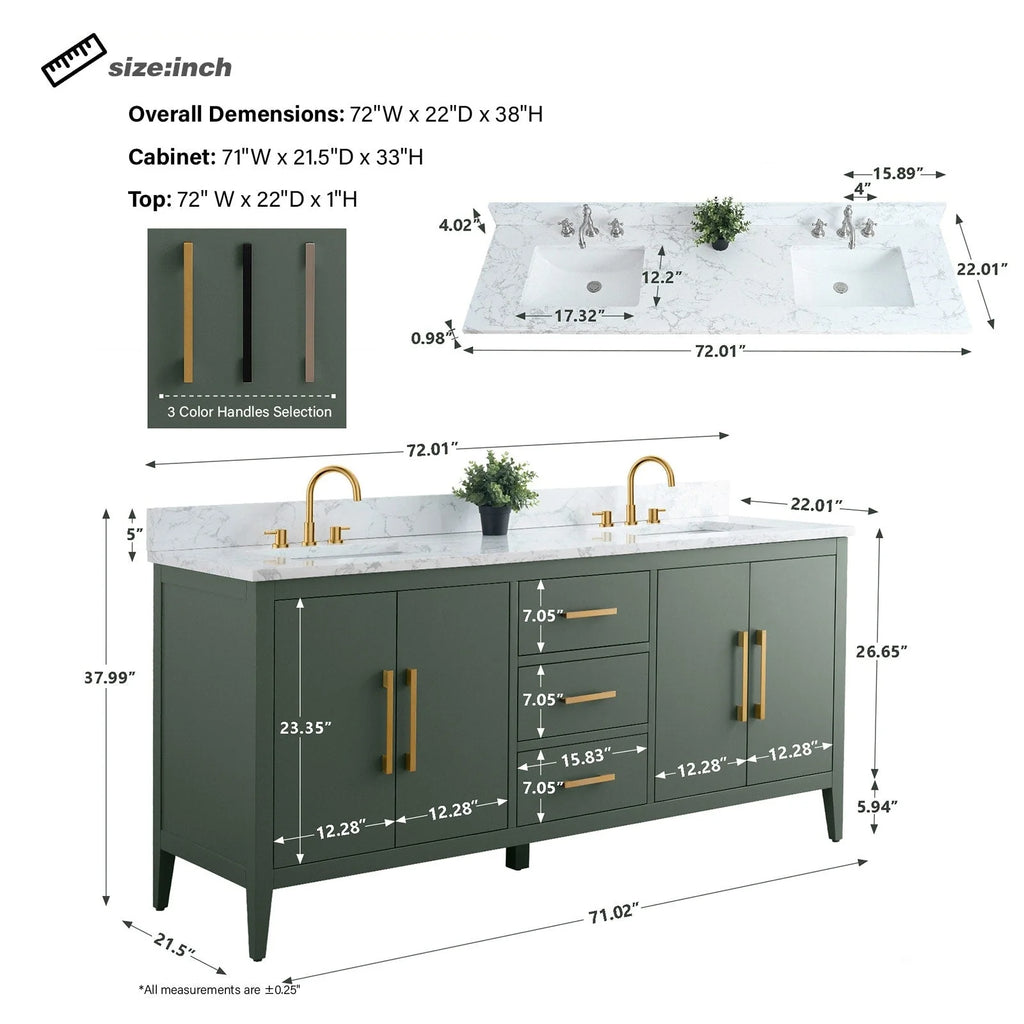 Vanity Art badkamermeubel van 72 met dubbele wastafel en een blad van kunstmarmer
