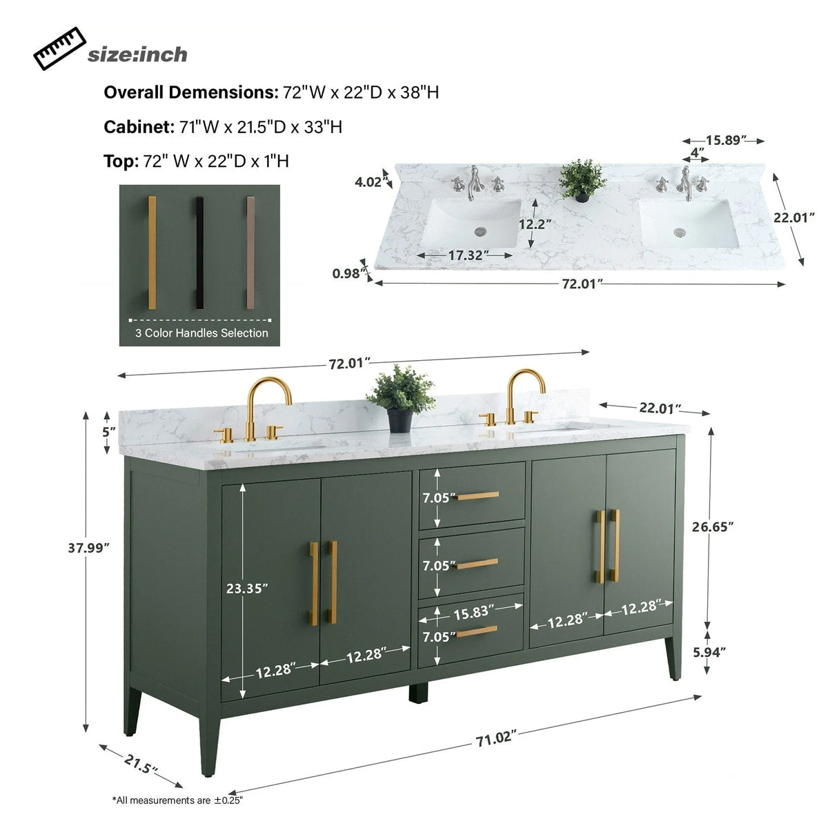 Vanity Art badkamermeubel van 72 met dubbele wastafel en een blad van kunstmarmer