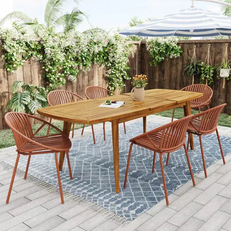 Ensemble de repas de terrasse extérieur extensible de 7 pièces avec chaises empilables et table en bois d’acacia
