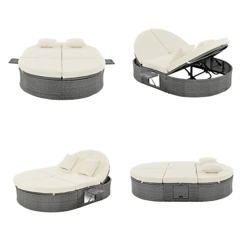 Lit de soleil d’extérieur pour patio, banquette-lit 2 places avec coussins et oreillers