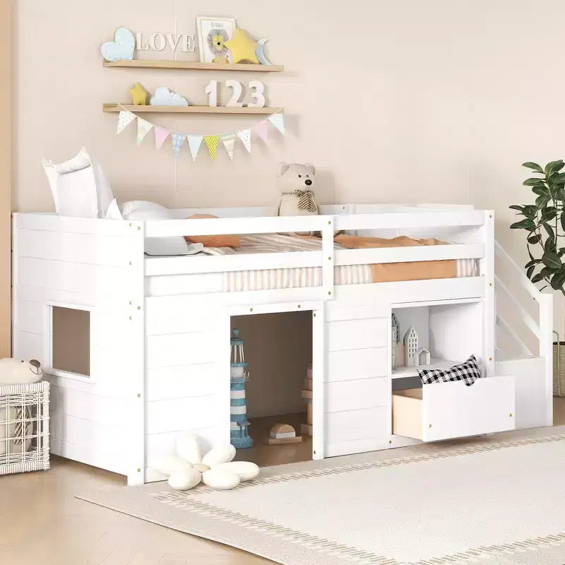 Łóżko typu low loft z litego drewna, rozmiar Twin, 94.6L x 42.3W, ze schodkami, szufladą i półką, nowoczesny i prosty design