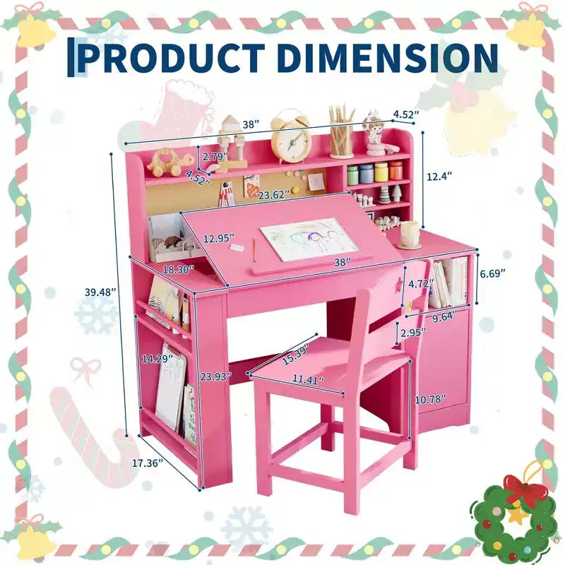 Ensemble bureau et chaise d’étude pour enfants avec rangement, bureau d’étude avec étagère supérieure inclinable, pour les enfants de 3 à 8 ans, table d’écriture pour chambre