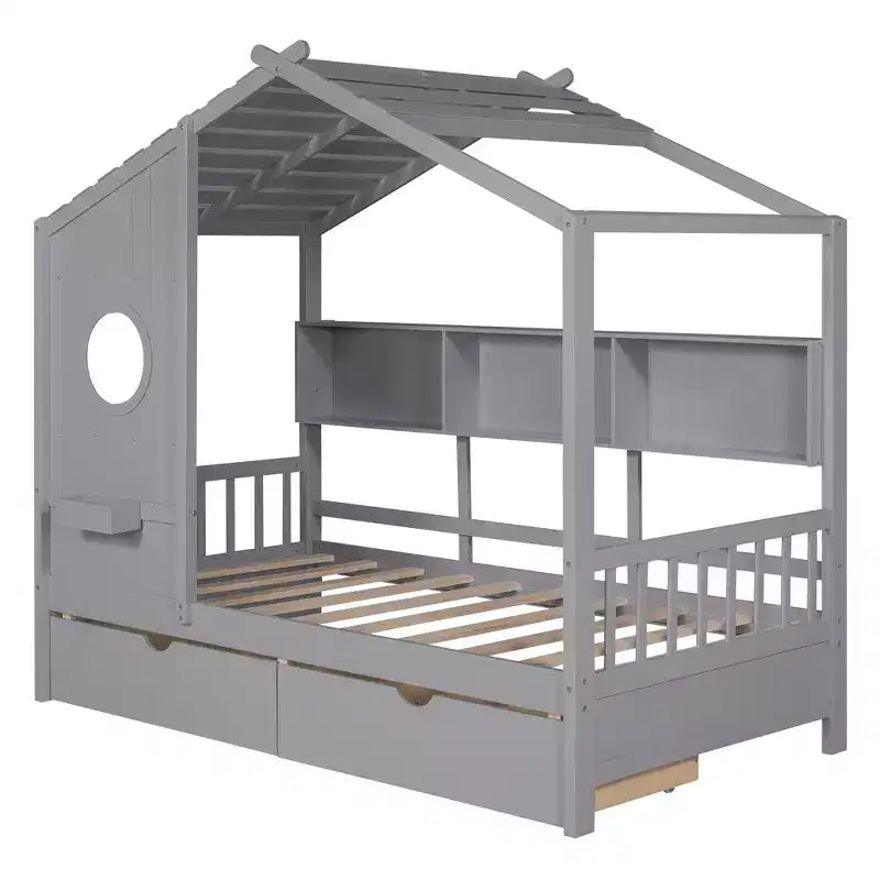 Holzhausbett in Twin-/Full-Size mit 2 Schubladen, Kinderbett mit Ablagefach - ModernLuxe