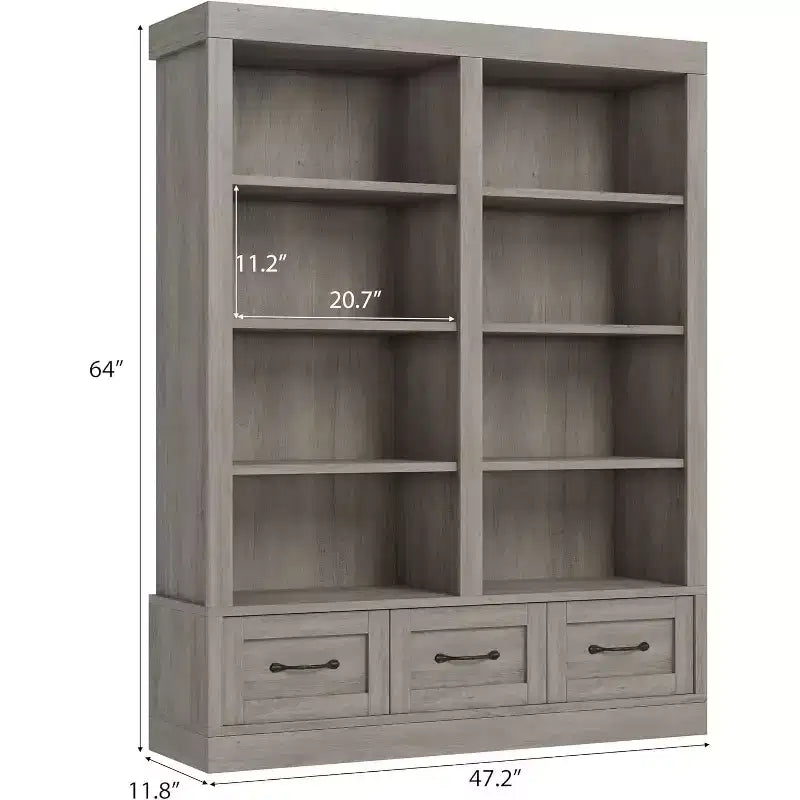 64 H Bücherregale und Bücherschränke, Bücherregal mit 3 Schubladen, 4 Ebenen, doppelt breit und offen, für Büro und Wohnzimmer
