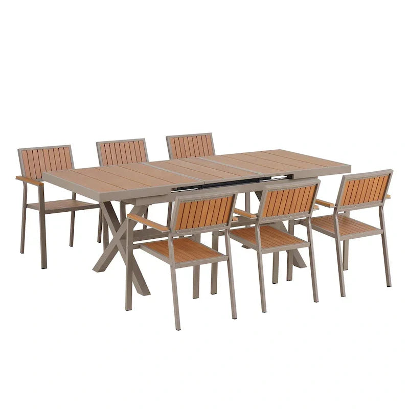 Ensemble de repas d’extérieur extensible 7 pièces avec table extensible et 6 fauteuils