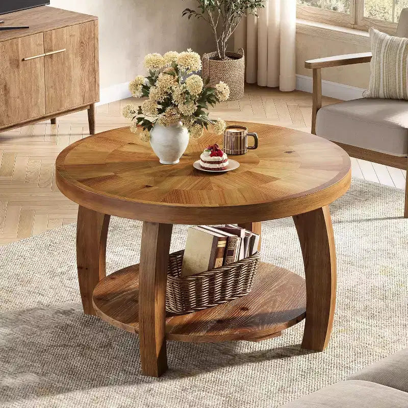 Lantine runder Couchtisch aus Massivholz, 2-stufiger Beistelltisch mit Stauraum, 31.5 Zoll Tischplatte mit Mosaikmuster, einfacher Aufbau, fürs Wohnzimmer, Braun