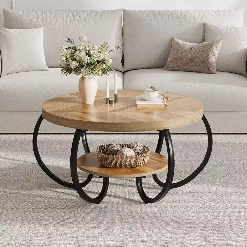 Table basse industrielle ronde de 30 pouces à 2 niveaux avec pieds réglables, étagère à effet bois, motif flamme, montage facile, salon