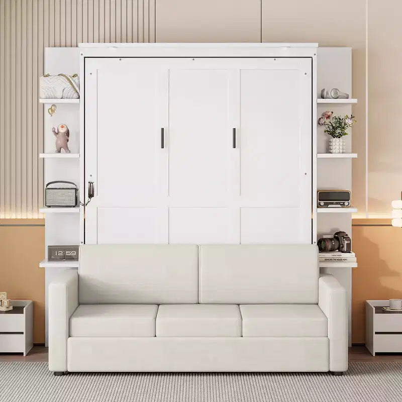 Queensize Murphy-bed met bank, opklapbed in kastformaat met boekenkast en planken voor de logeerkamer of het kantoor