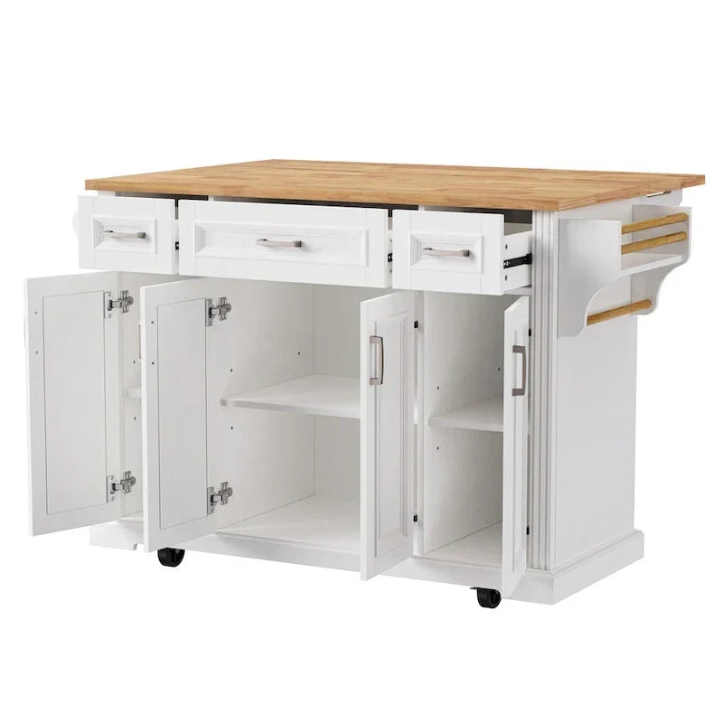 Grand îlot de cuisine avec rallonge rabattable en bois, chariot de cuisine roulant à texture gaufrée avec portes et tiroirs et rangements, blanc