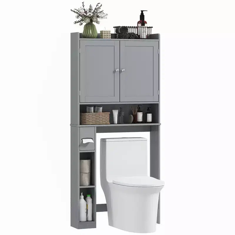 HOMCOM Toilettenregal mit Schrank, moderner Badezimmer-Organizer über der Toilette mit 2 Türen, Toilettenpapierhalter, freistehend und platzsparend