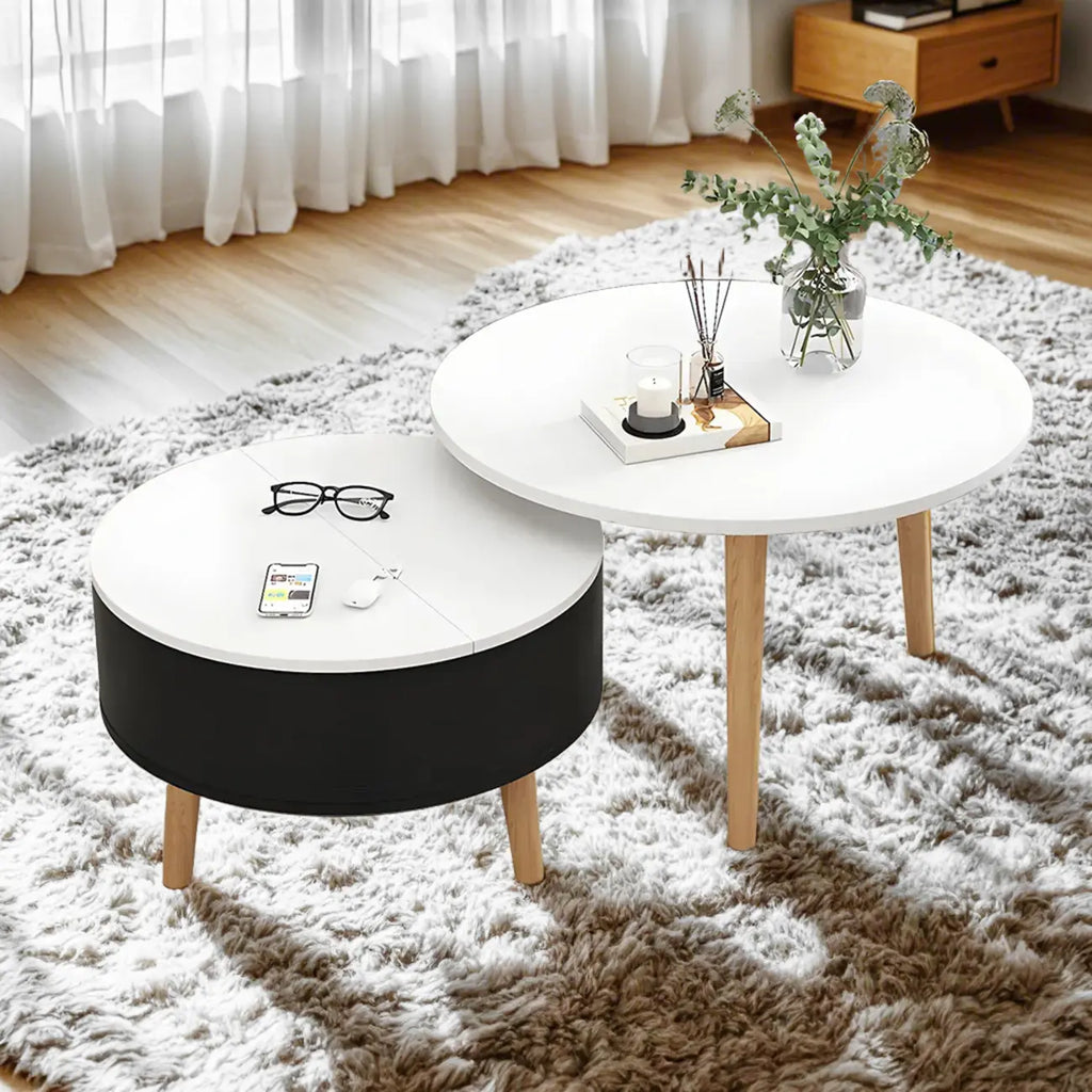 Moderner runder Couchtisch aus Holz in Schwarz und Weiß mit Stauraum