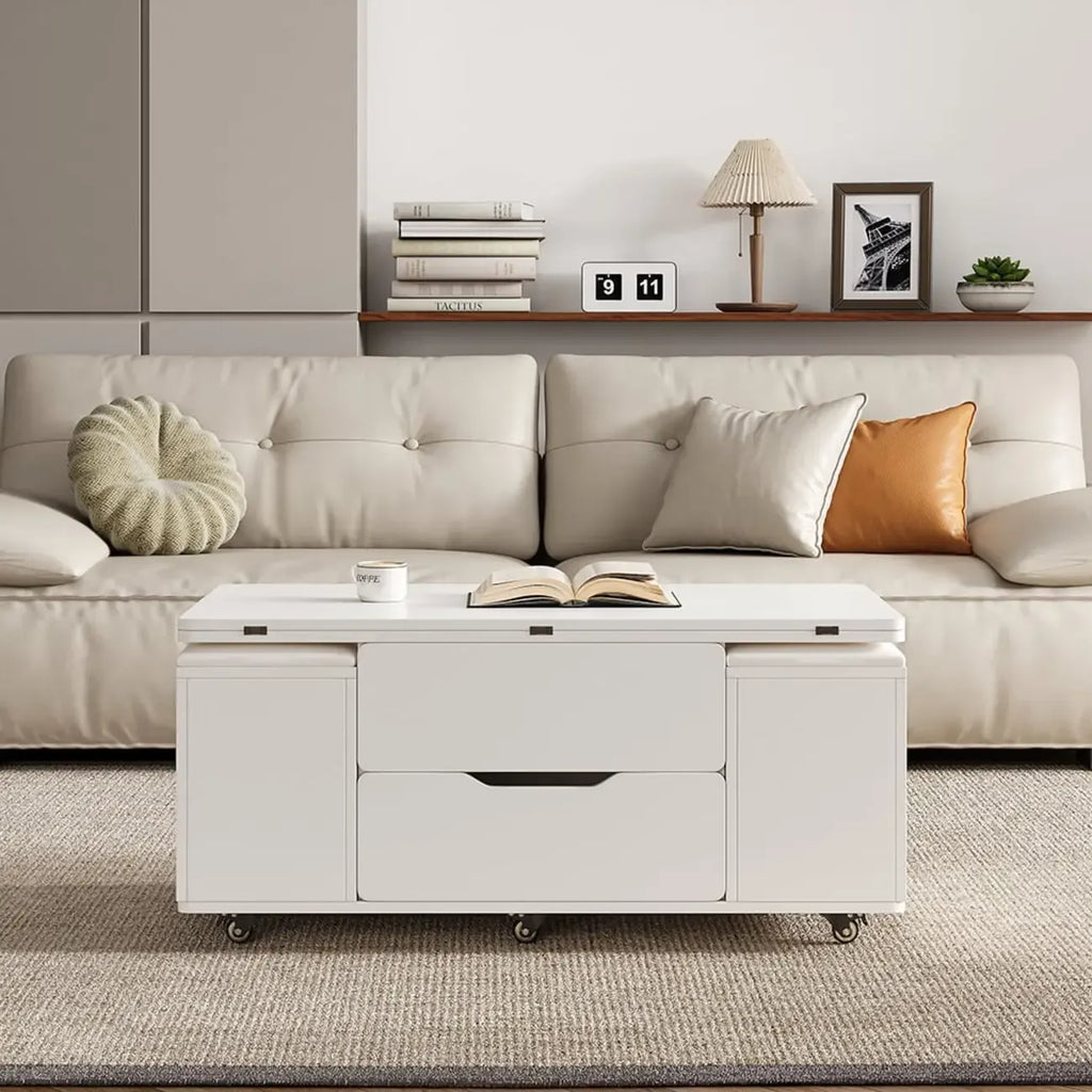 Klappbarer Couchtisch mit Hubplatte, 4 Hockern und Stauraum