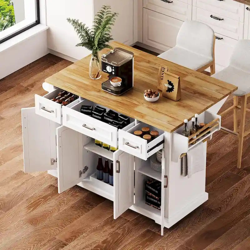 Grand îlot de cuisine avec rallonge rabattable en bois, chariot de cuisine roulant à texture gaufrée avec portes et tiroirs et rangements, blanc