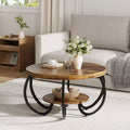 Table basse industrielle ronde de 30 pouces à 2 niveaux avec pieds réglables, étagère à effet bois, motif flamme, montage facile, salon