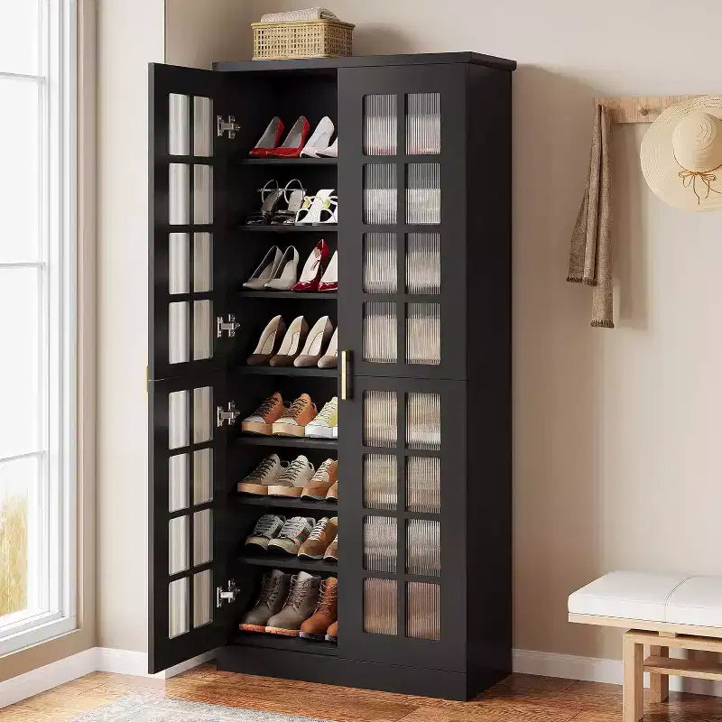 Meuble à chaussures haut Lantine avec portes, meuble de rangement à chaussures à 8 niveaux avec étagères réglables, meuble à chaussures moderne pour entrée, placard et salon, blanc