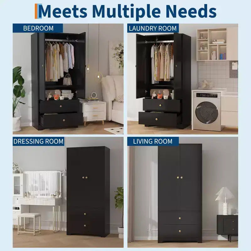 Armoire-penderie moderne en bois de 71 pouces pour chambre, avec 2 portes, 2 tiroirs, étagères réglables et tringle