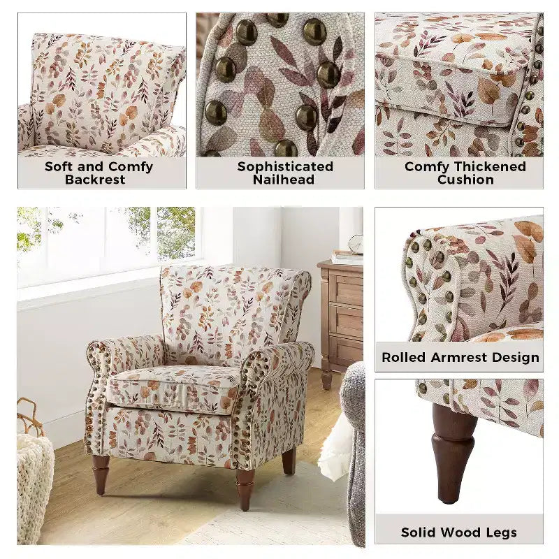 Araceli traditioneller gepolsterter Holzsessel mit Blumenmuster, Ohrenlehnen und Ziernägeln | ART OF LIVING DESIGNS