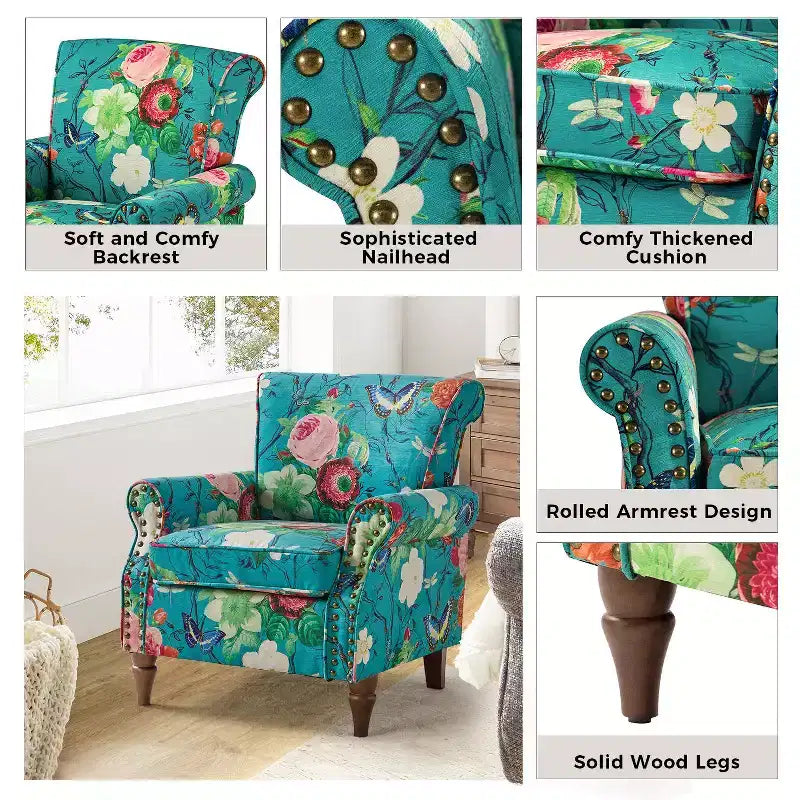 Araceli traditioneller gepolsterter Holzsessel mit Blumenmuster, Ohrenlehnen und Ziernägeln | ART OF LIVING DESIGNS
