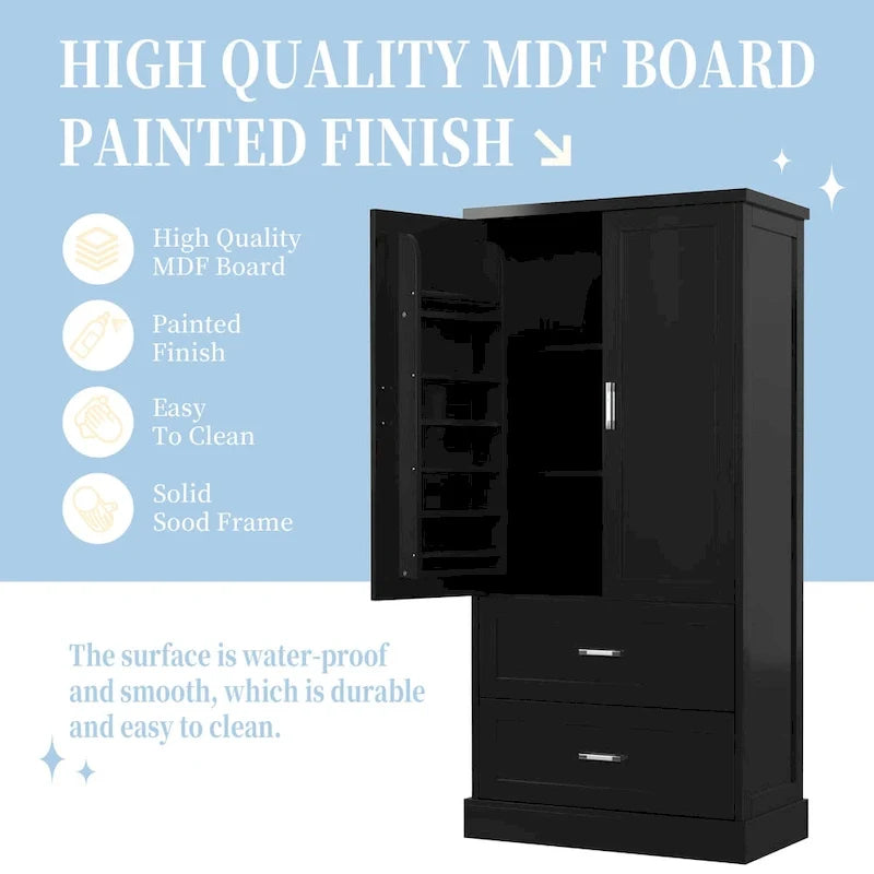 Armoire de rangement haute pour salle de bains avec deux portes et tiroirs, étagère réglable, panneau MDF