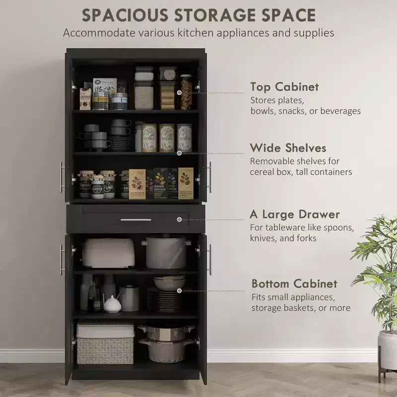 Placard de cuisine moderne indépendant avec portes et tiroir, étagères réglables