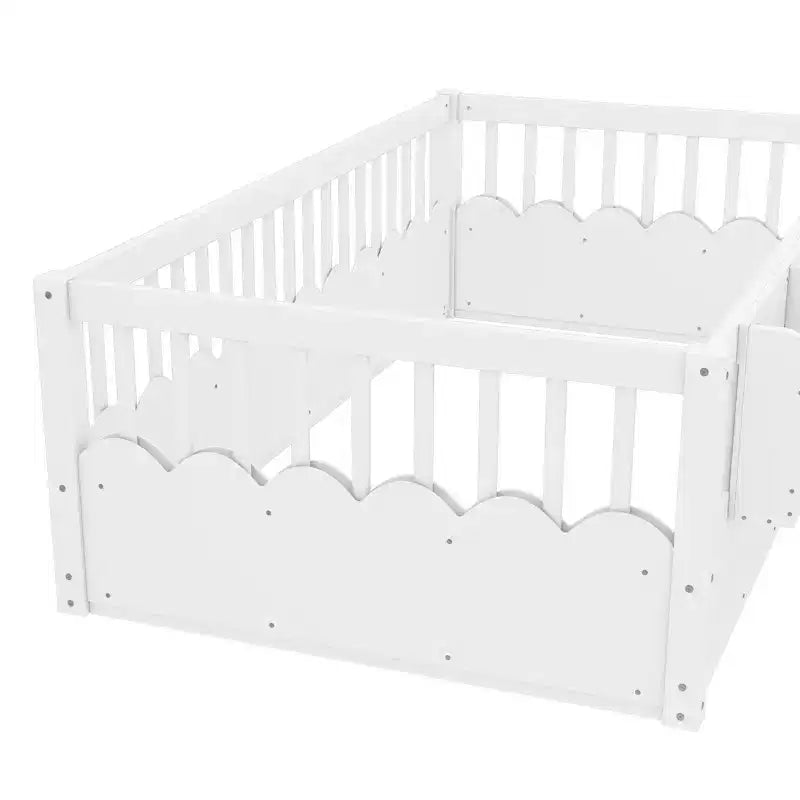 Lit au sol pour enfant Bellemave avec barrières surélevées et bibliothèque, cadre de lit Montessori en bois pour lit simple, pour filles et garçons