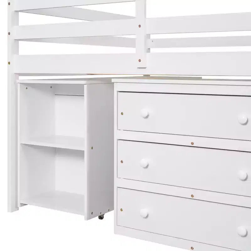 Niedriges Hochbett in voller Größe mit Rolltisch, 3 Schubladen und Regalen