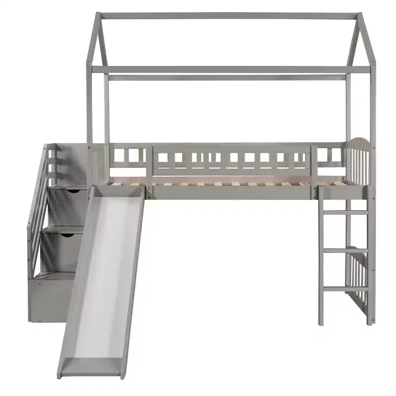 Hochbett in Hausform für Einzelbetten mit Rutsche und Treppe, Hochbett mit Schubladen, Holzhütten-Hochbett für Kinder und Kleinkinder