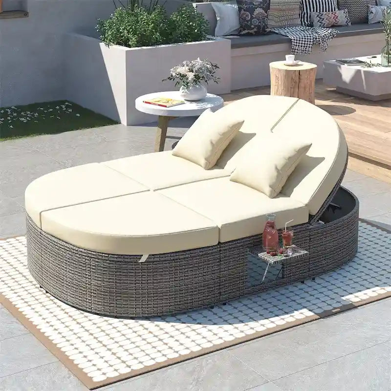 Lit de soleil d’extérieur pour patio, banquette-lit 2 places avec coussins et oreillers