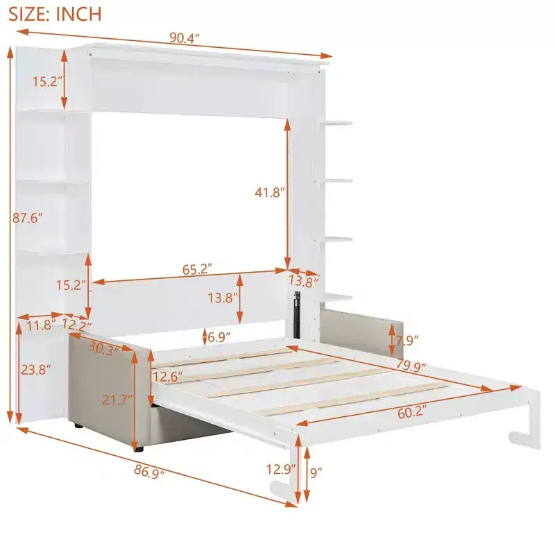 Queensize Murphy-bed met bank, opklapbed in kastformaat met boekenkast en planken voor de logeerkamer of het kantoor