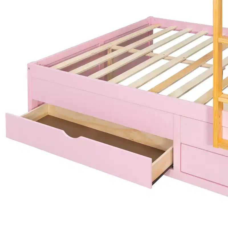 Stapelbed met twee tweepersoonsbedden, opbergkast en laden, houten stapelbed in tweepersoonsformaat met ruimtebesparend ontwerp en veiligheidsreling voor appartement en slaapkamer