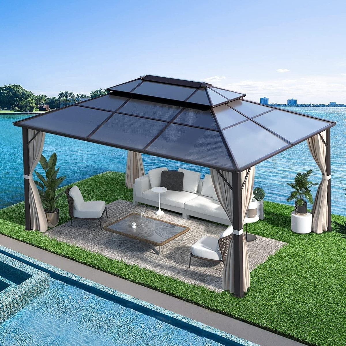 EROMMY Pavillon mit festem Dach, Pergola für den Außenbereich mit Doppeldach, Moskitonetz und Vorhängen, strapazierfähiges Sonnendach für Terrasse, Garten und Poolpartys