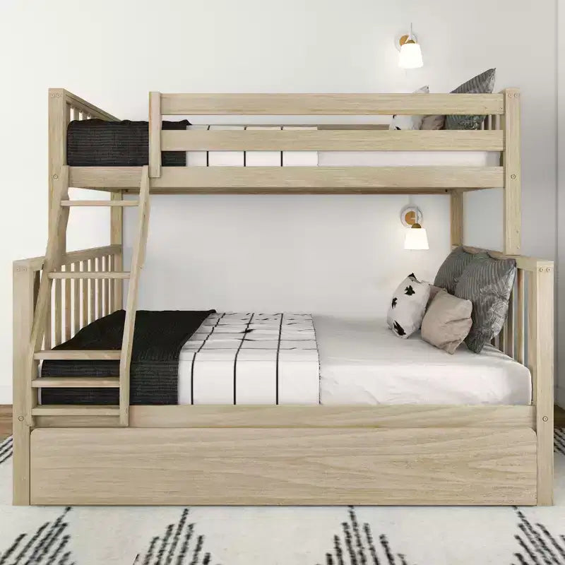 Max & Lily Etagenbett, oben Einzelbett und unten Doppelbett, mit Ausziehbett, aus Massivholz im skandinavischen Stil für Kinder