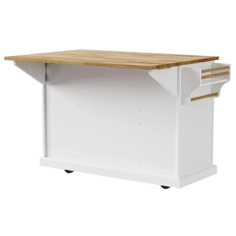 Grand îlot de cuisine avec rallonge rabattable en bois, chariot de cuisine roulant à texture gaufrée avec portes et tiroirs et rangements, blanc