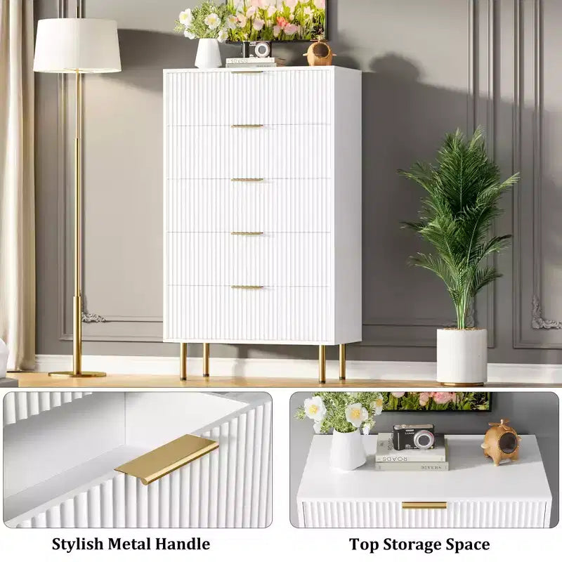 Commode blanche / marbre et bois à 5 tiroirs ?C panneau cannelé, pour 1 personne