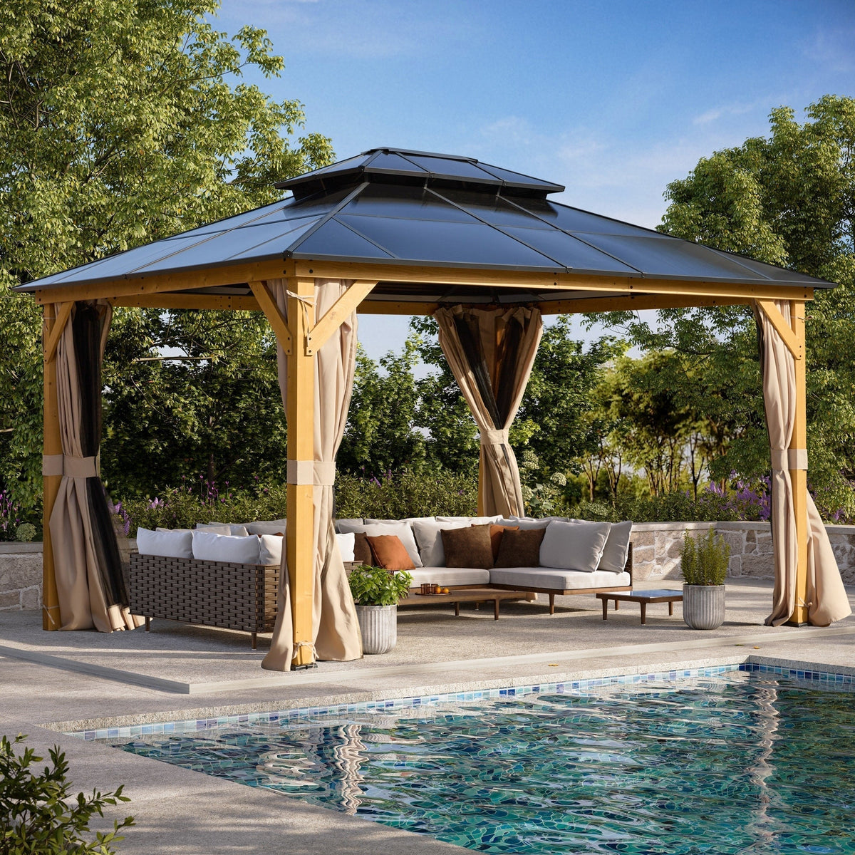 EROMMY Pavillon mit festem Dach, Pergola für den Außenbereich mit Doppeldach, Moskitonetz und Vorhängen, strapazierfähiges Sonnendach für Terrasse, Garten und Poolpartys