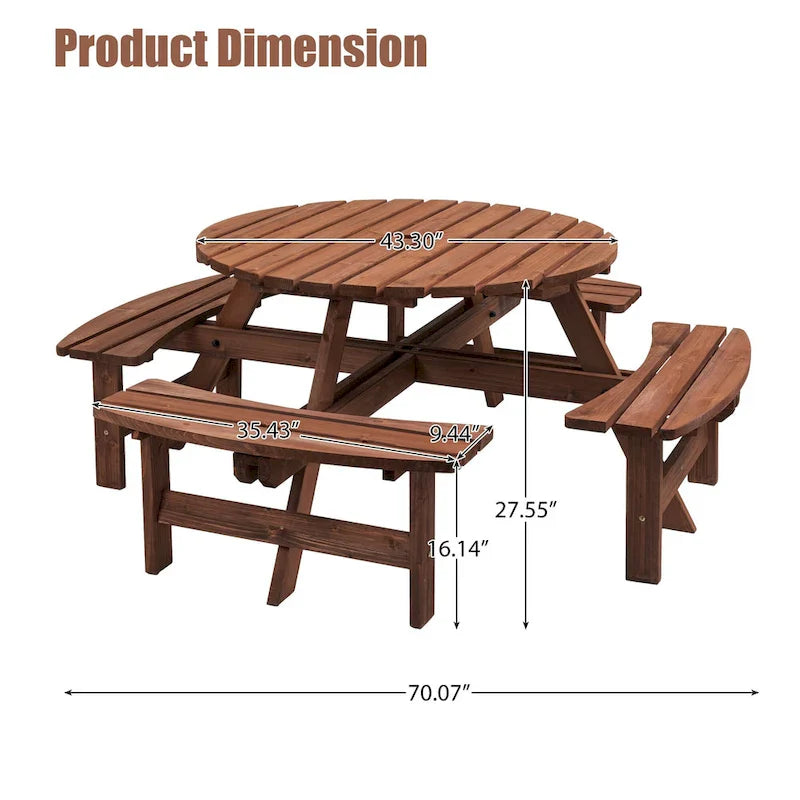 Rundes Picknickset aus Douglasienholz für 8 Personen für Terrasse und Garten, mit 4 integrierten Bänken und Schirmloch