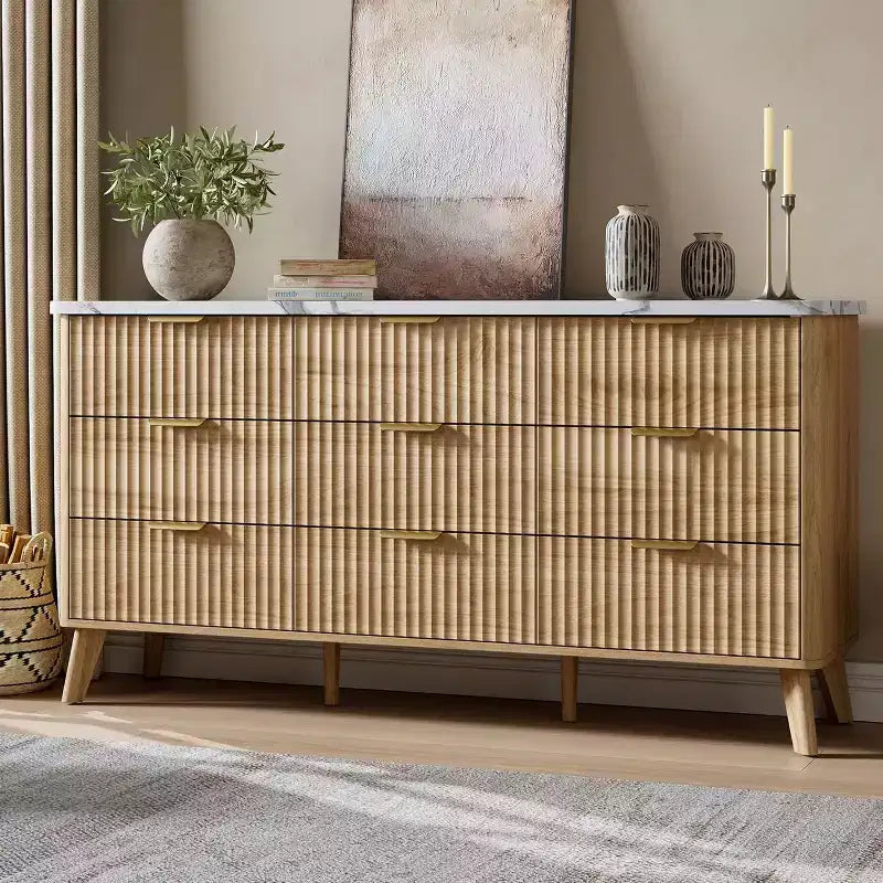 Commode à 9 tiroirs cannelés, meuble moderne, commode en bois et meuble TV, design à profil incurvé, pour le salon et le couloir