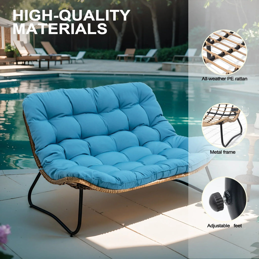 Doppel-Papasan-Sofa mit Sitzkissen, wetterfestes PE-Rattan und Metallgestell für Innen- und Außenbereich