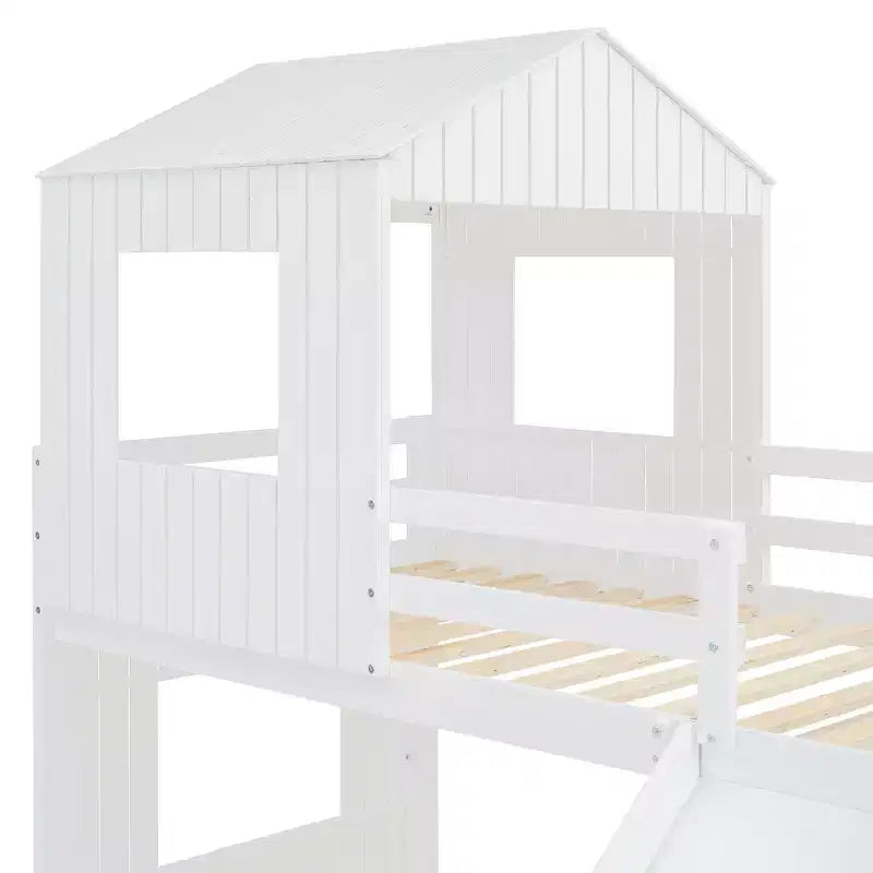 Luxystar houten stapelbed voor een eenpersoonsbed boven een tweepersoonsbed, met speelhuisje, glijbaan en veiligheidsleuningen