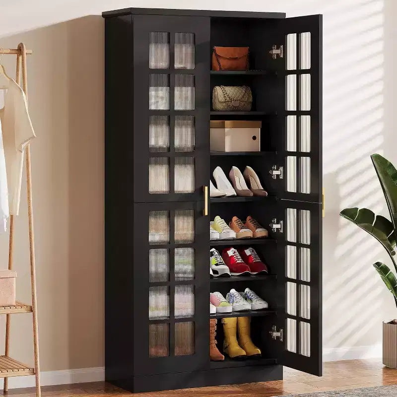 Meuble à chaussures haut Lantine avec portes, meuble de rangement à chaussures à 8 niveaux avec étagères réglables, meuble à chaussures moderne pour entrée, placard et salon, blanc