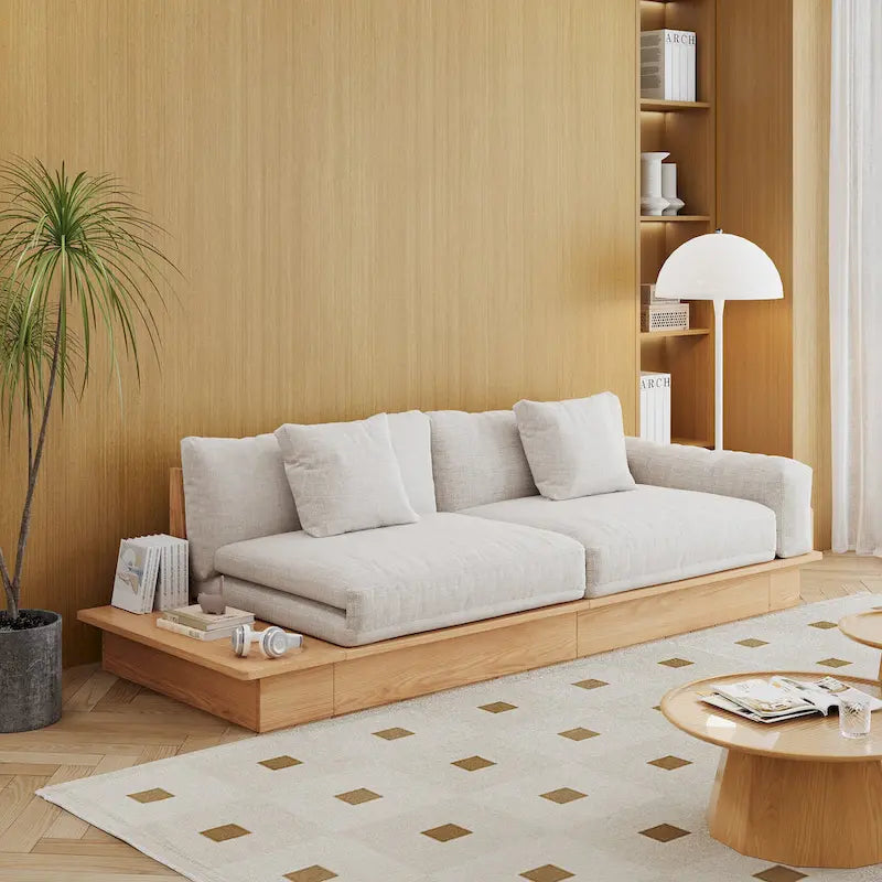 Nowoczesna sofa JASIWAY z litego drewna, tapicerowana bawełnianą tkaniną lnianą