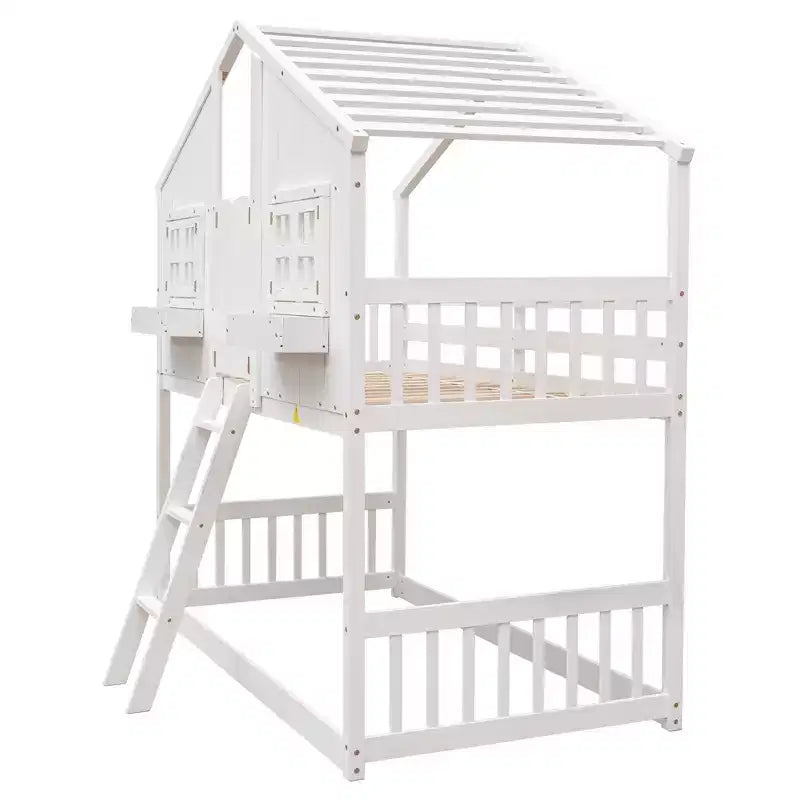 Hoogslaper in huisvorm voor een eenpersoonsbed, houten speelhuis-hoogslaper met ladder en veiligheidsleuningen voor kinderen