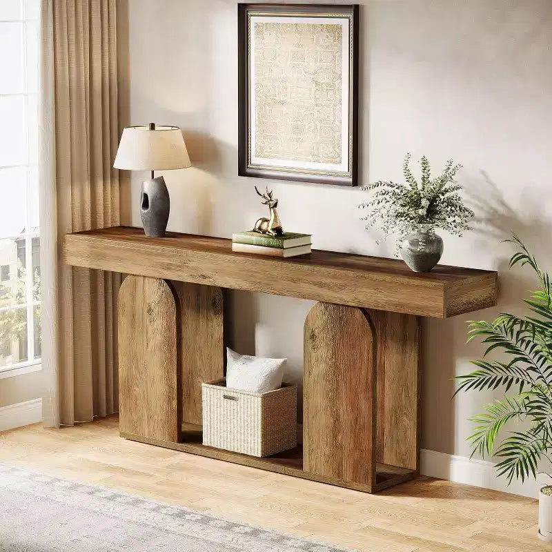 Lantine extra lange landelijke consoletafel van 70.9 inch met houten opbergplank met 2 niveaus, geschikt voor hal, woonkamer en entree, vintagebruin.