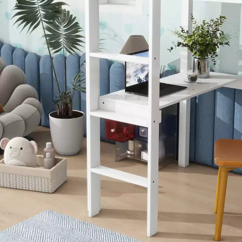 Okak minimalistisches Hochbett mit Leiter, Hochbett für Einzelbettmatratze aus Gummibaumholz mit Sicherheitsgeländer und eingebautem Schreibtisch, Bettgestell für Kinder und Jugendliche