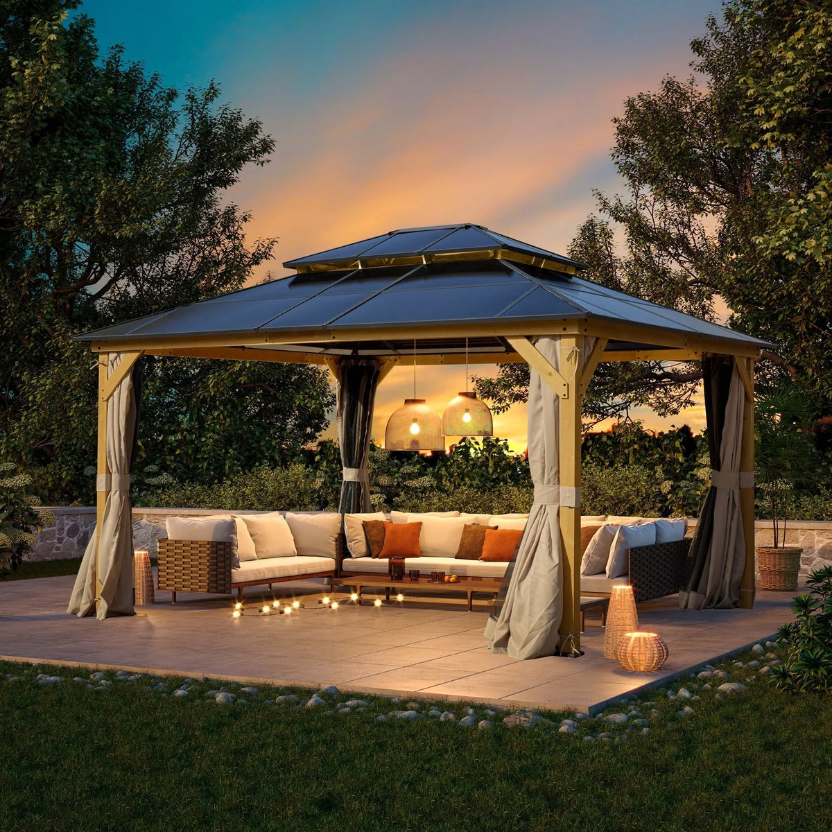 EROMMY Pavillon mit festem Dach, Pergola für den Außenbereich mit Doppeldach, Moskitonetz und Vorhängen, strapazierfähiges Sonnendach für Terrasse, Garten und Poolpartys