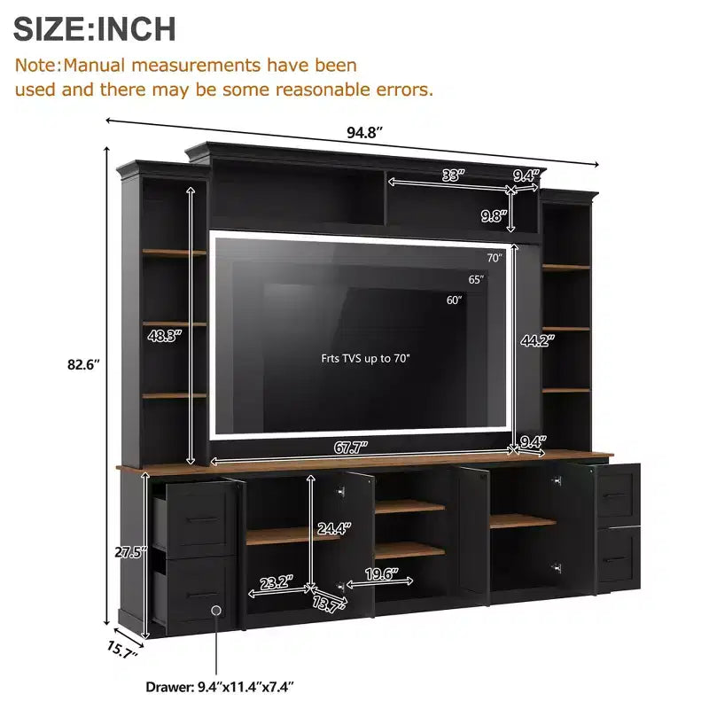 Meuble mural de divertissement de style champêtre ModernLuxe 4 en 1, compatible avec les téléviseurs jusqu'à 70, meuble TV et console multimédia avec étagères réglables et tiroirs